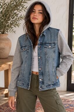 H&M Divided Hooded Denim Jacket L Blue Gray Sweatshirt Sleeves